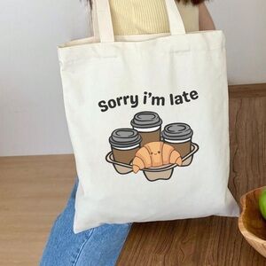 Cute Tote Bag with Coffee and Croissant Design